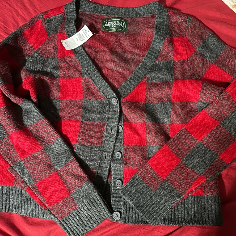 American Eagle Plaid Cropped Cardigan